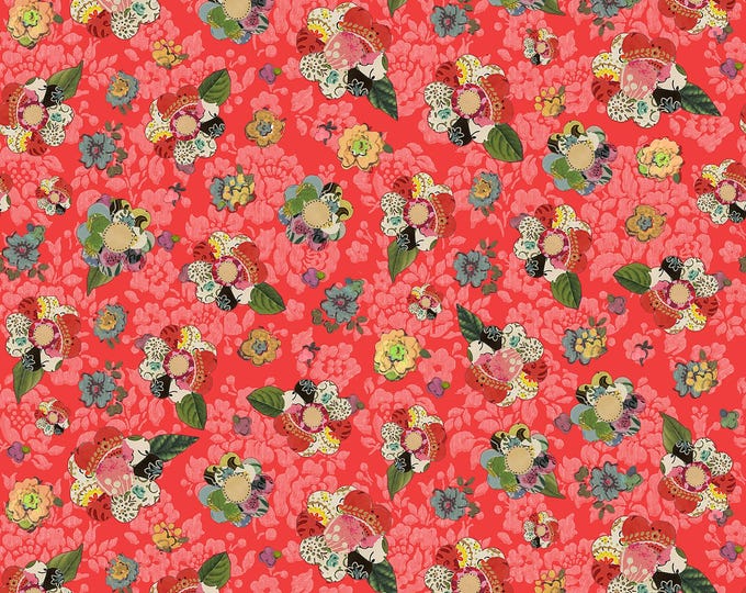Soul Shine & Daydreams Collage Flower Fabric // Benartex 10347-49 Dark Coral by the HALF YARD