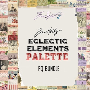 May include: A collage of vintage ephemera with a central design featuring the text "Eclectic Elements Palette FQ Bundle" by Jim Holtz and the Free Spirit logo. The background includes floral and antique imagery.