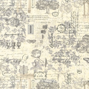 May include: A vintage-style digital paper background with a cream background and gray floral designs, handwritten text, and words like "Encouragement", "Calm", "Optimism", and "Thursday".