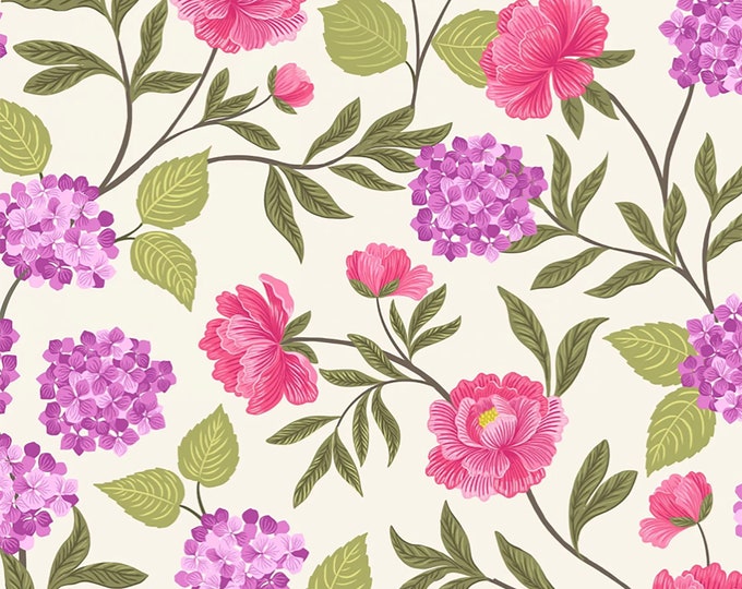 Love Blooms Peonies & Hydrangea Floral Fabric // Lewis Irene A521-1 by the Half Yard