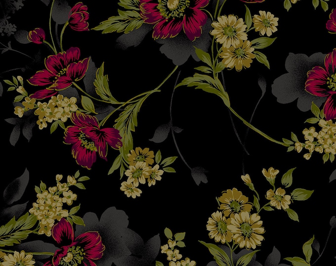 Midnight Garden Large Floral Fabric // RJR Studios 3416-004 Red by the Half Yard
