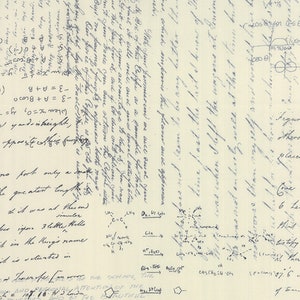 May include: A cream-colored paper background featuring dense, dark blue handwritten cursive text and various chemical structural formulas, including diagrams with arrows and mathematical notations scattered throughout the page.