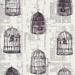 May include: A seamless pattern of black and white birdcages on a white background with black text. The birdcages are drawn in a vintage style.