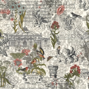 May include: A patterned design featuring botanical illustrations, architectural sketches, and musical notes in gray, red, and green on a cream background. The design includes birds, butterflies, and floral elements.