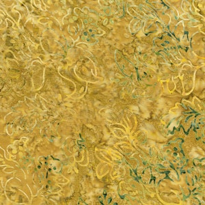 May include: A fabric featuring a batik pattern with golden yellow and olive green tones. The design consists of stylized floral and leaf motifs with intricate outlines, set against a mottled, textured background with varying shades of yellow.