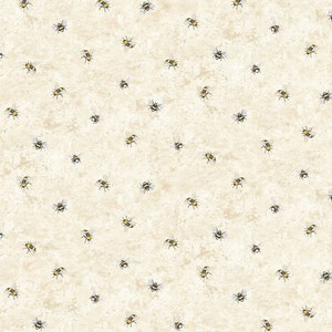 May include: A beige background with a repeating pattern of small yellow and black bees.
