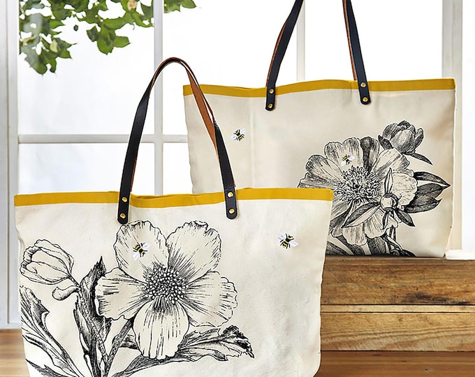 BEE Theme Canvas Tote Bag // Leather Handles // Two's Company