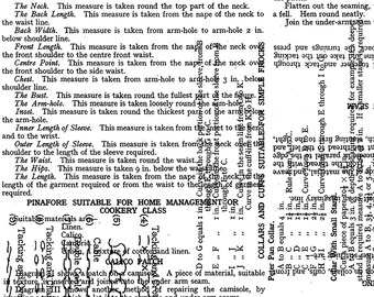 May include: A vintage sewing pattern guide with instructions for drafting patterns and taking measurements. The text includes details on neck, back length, and chest measurements, along with diagrams and notes on collars and cuffs.
