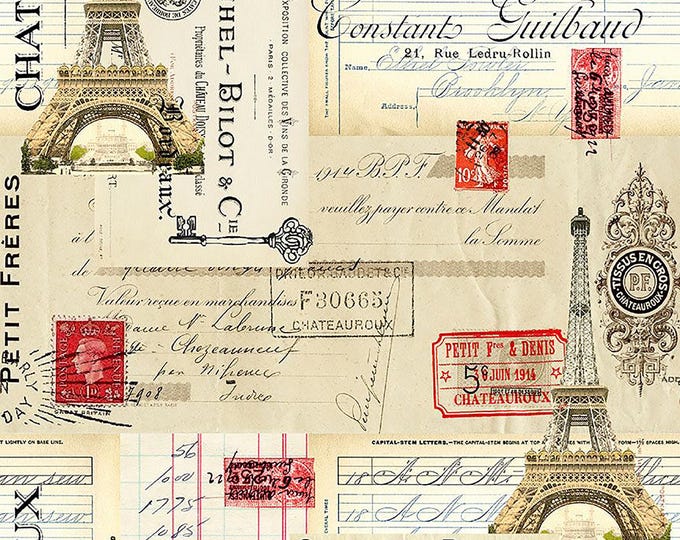 Rendezvous Postcard & Stamps Fabric // Timeless Treasures PARIS-CD3174 Beige by the HALF YARD