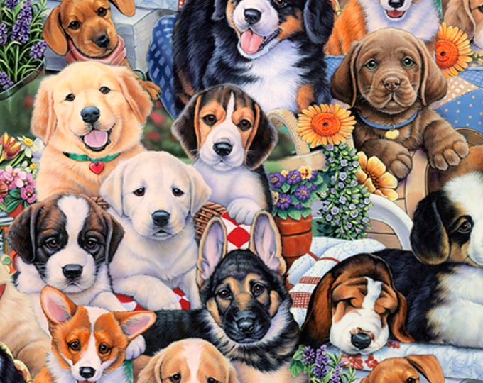 Animal Love Garden Puppies Fabric // David Textiles 3167-6C-1 by the HALF YARD