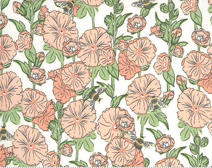 Break of Day Hollyhocks Bees Floral Fabric // Moda 43101 11 Pink by the Half Yard