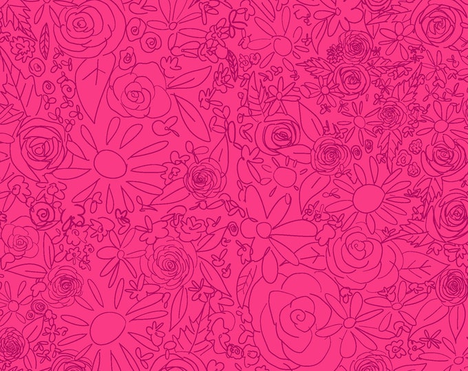 Painted Petals Doodle Floral Fabric // Clothworks Y3076-77 Fuchsia by the HALF YARD