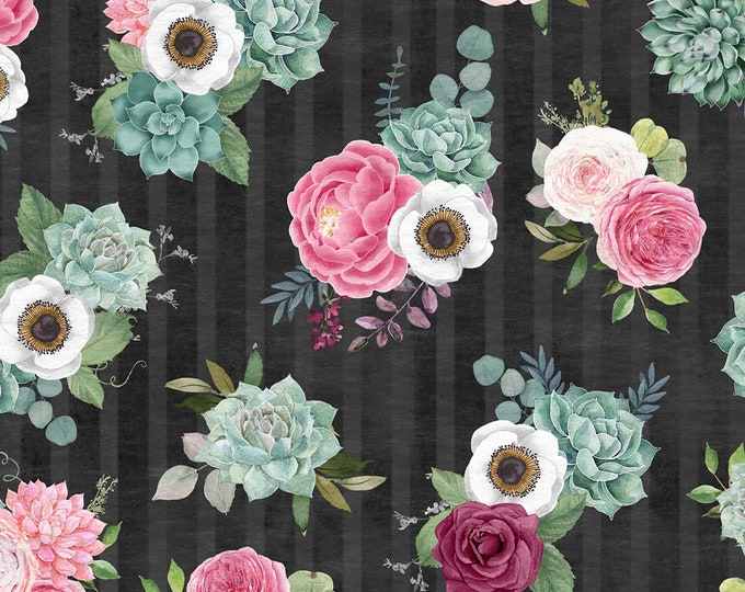 REMNANT 16" Botanical Oasis Black Bouquets Fabric // Wilmington Prints 68517 913