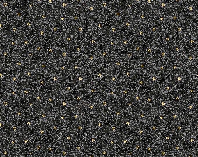 Windsong Floral Outline Fabric // Northcott 23983-99 Black Grey by the HALF YARD