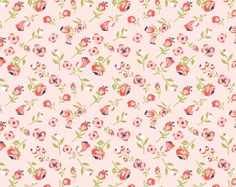 May include: A seamless pattern featuring a repeating design of pink and red flowers with green stems and leaves on a light pink background.