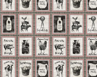 May include: A black and white farmhouse themed fabric featuring various images including cows, pigs, chickens, milk jugs, and text such as "Farm Life", "Farmhouse", "Country Kitchen", and "Home Sweet Home".
