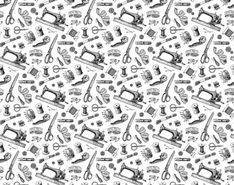 Sewing is My Happy Place Sewing Paraphernalia Fabric // Northcott 24219-10 by the Half Yard