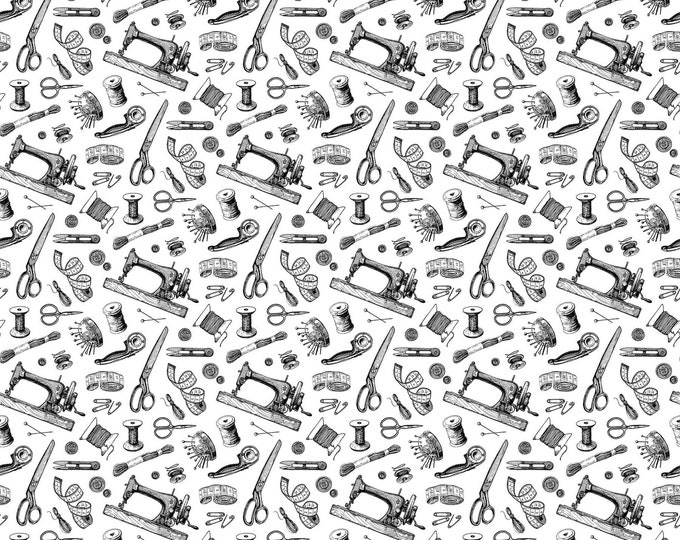 Sewing is My Happy Place Sewing Paraphernalia Fabric // Northcott 24219-10 by the Half Yard