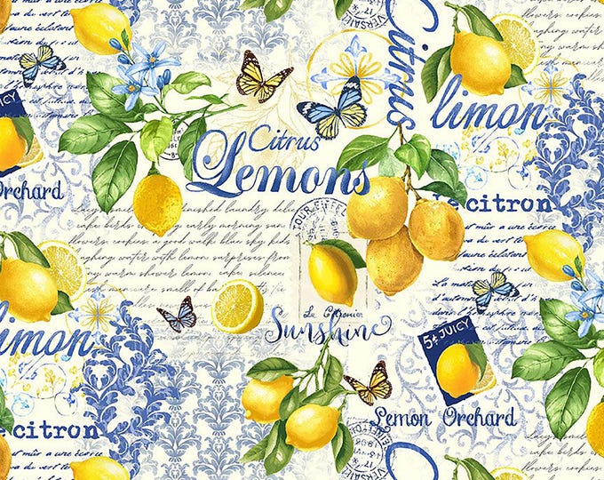Limoncello Lemon Collage Fabric // Timeless Treasures // FRUIT-CD3441 CREAM by the Half Yard