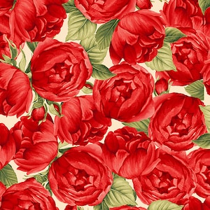 Garden Rose Fleur Medium Red Roses // Timeless Treasures C7973-CREAM by ...