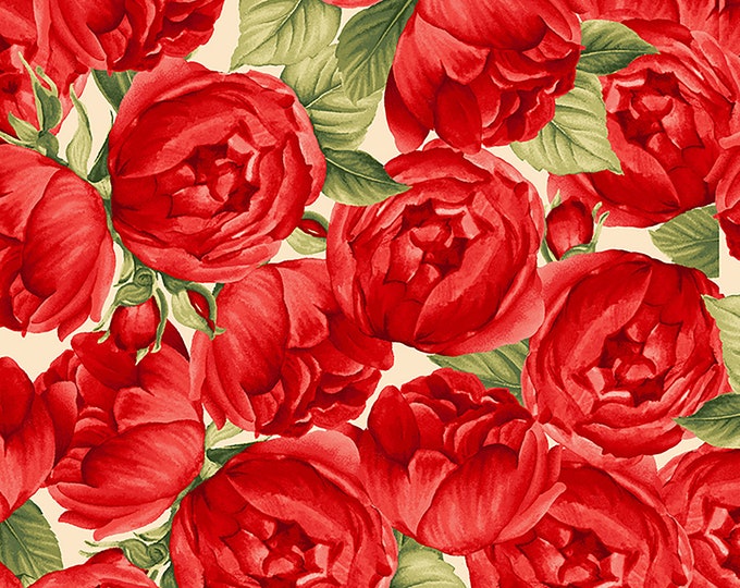 Garden Rose Fleur Medium Red Roses // Timeless Treasures C7973-CREAM by the Half Yard