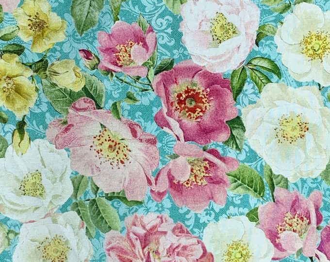 La Vie En Rose La Rose Blooms Fabric // Michael Miller DCX9624-AQUA by the HALF YARD