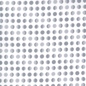 May include: A white fabric with a repeating pattern of gray half-moon circles.