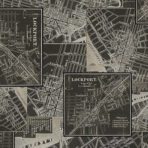 May include: A collage of vintage-style maps in shades of black and white. The maps feature detailed street layouts, with the word "LOCKPORT" visible in several frames. The design includes references and scales, creating a classic, historical aesthetic.