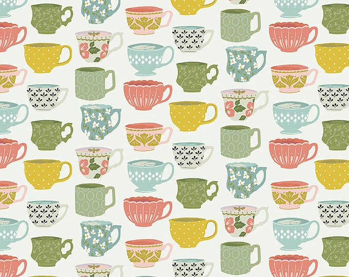 Tea with Bea Teacups Fabric // Riley Blake Designs C10492 OFFWHITE by the HALF YARD