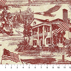 May include: A cream-colored fabric with a red toile design featuring Independence Hall, an eagle, flags, and figures on horseback. The fabric has a vintage aesthetic.
