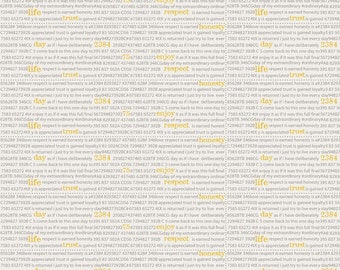 May include: A repeating pattern of text in yellow and gray. The text reads "love respect is earned honesty is a 2384 8293827 437485 628 love respect is earned honesty" and "appreciated trust is gained loyalty 83 502ACD56 7294827 3928 appreciated trust is gained loyalty".
