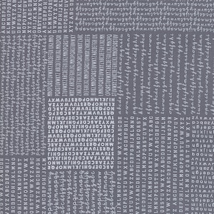 May include: A gray background with white letters of the alphabet repeated in a random pattern. The letters are in a handwritten font.