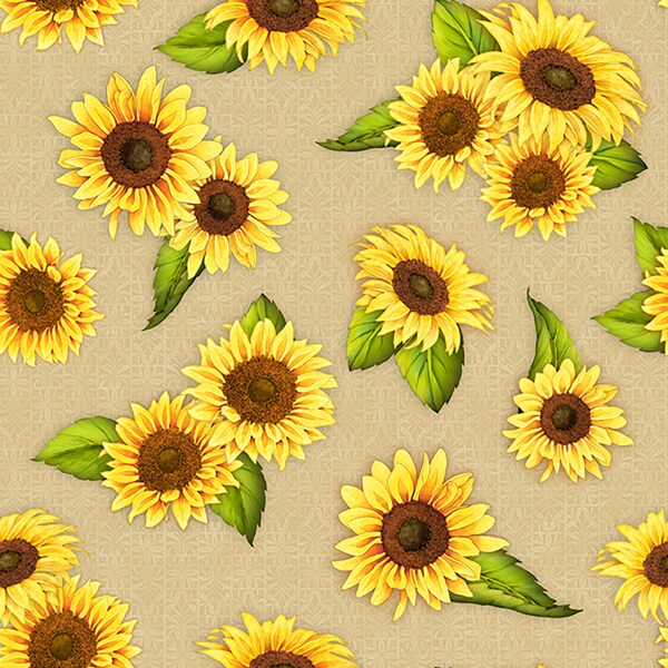 REMNANT 7" Jardin Du Soleil Sonnenblume Toss Stoff von Wilmington Drucke 3022 32062 257 Tan