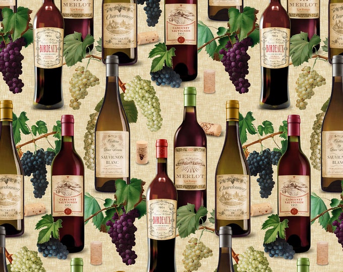 REMNANT 20" Cheers! Wine Bottle Fabric // Clothworks Y3915-60