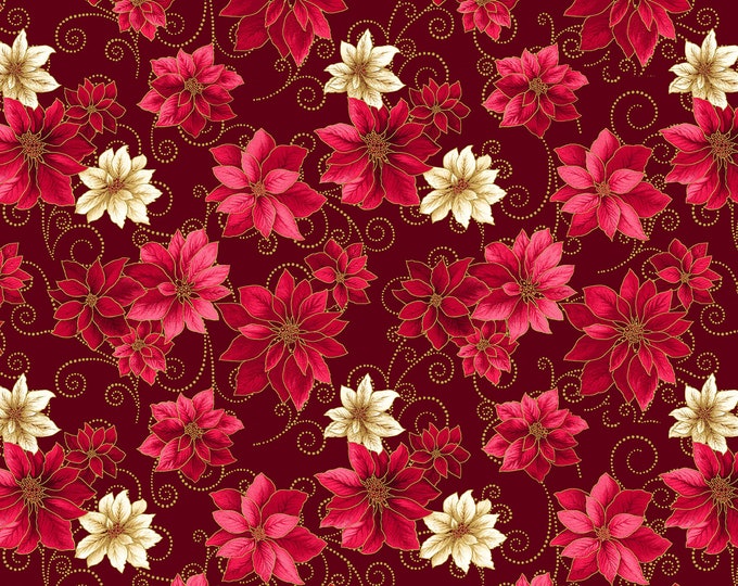 A Festive Medley Poinsettia Scroll Fabric // Benartex 13186M-10 by the Half Yard