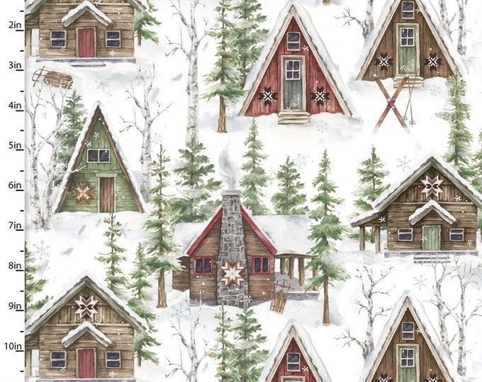 Snowflake Lodge Ski Cabin Fabric // 3 Wishes 22215-WHI-CTN-D by the Half Yard