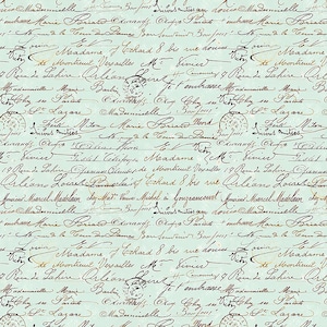 May include: A seamless pattern featuring a blue background with handwritten text in black and brown ink. The text includes names, addresses, and other details, creating a vintage aesthetic.