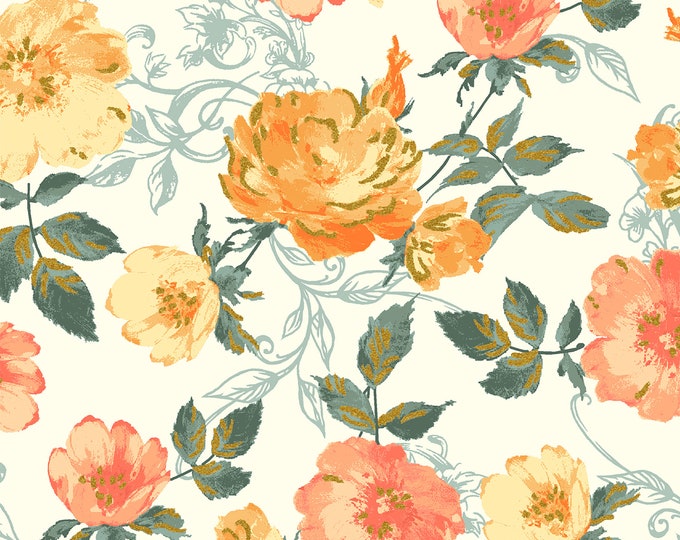 Summer Rose Marietta Orange Metallic Fabric // RJR Studios PS201-OR3M by the Half Yard