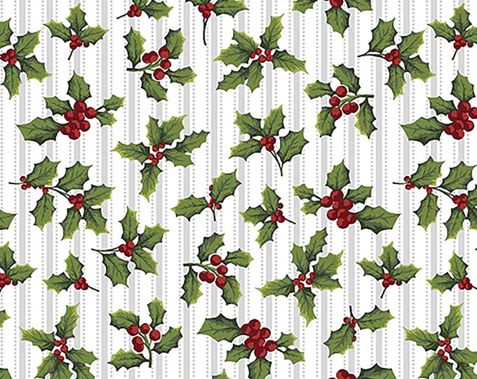 Holiday At Home Hometown Holly Fabric // Benartex 13039-09 White by the Half Yard