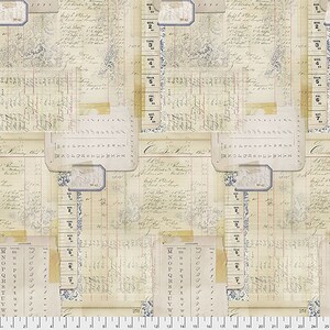 May include: A beige and white patterned fabric with a vintage aesthetic. The fabric features a repeating pattern of handwritten text, numbers, and alphabet charts. The fabric has a subtle blue and gray floral pattern.