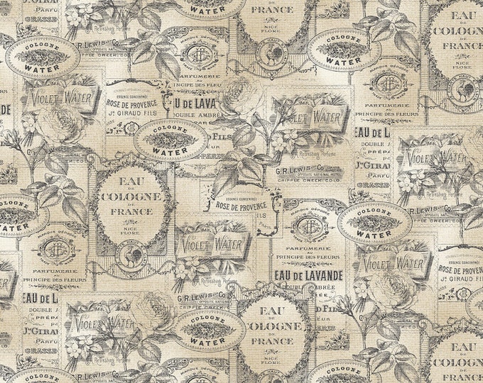 Fragrant Roses Perfume Labels Fabric // Michael Miller CX9445-BEIGE by the Half Yard