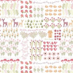 May include: A whimsical pattern featuring illustrations of deer, rabbits, bees, birds, flowers, and mushrooms in soft pinks, greens, and yellows. Text includes phrases like "choose happy" and "gifts of nature sing along the forest trail."