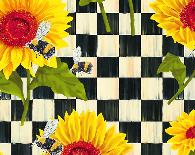 SALE Sunshine & Bumblebee Sunflowers on Checks Fabric // Print Concepts 10354 by the Yard