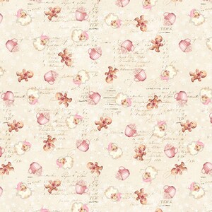 May include: A repeating pattern on a light beige background featuring illustrations of gingerbread people, pink mugs filled with whipped cream, and Santa Claus figures wearing pink hats, all layered over faint, cursive vintage French script.