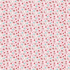 May include: A pink background with a repeating pattern of small red, white, and blue flowers. The flowers are arranged in a diagonal pattern.