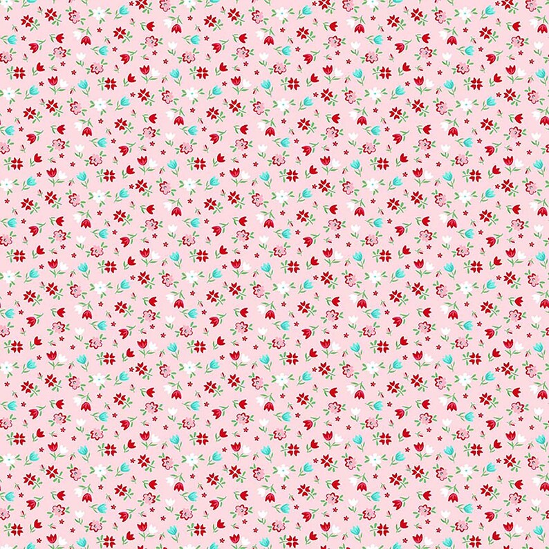 May include: A pink background with a repeating pattern of small red, white, and blue flowers. The flowers are arranged in a diagonal pattern.