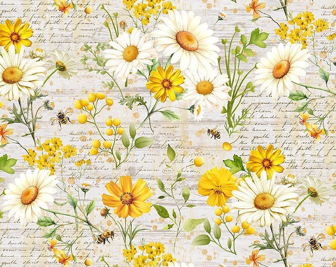 You Are My Sunshine Daisy & Sunflower Text Fabric // Timeless Treasures FLEUR-CD3881 by the Half Yard