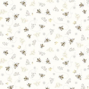 May include: A white background with a repeating pattern of yellow and black bees flying around small grey and yellow floral sprigs. The bees are flying in a curved path, and there are small grey and yellow honeycomb shapes scattered throughout the pattern.