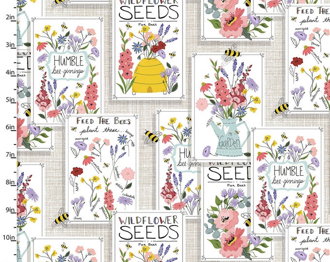 Feed the Bees Seed Patch Fabric // 3 Wishes 17210-WHT-CTN-D by the Half Yard