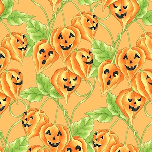 May include: A seamless pattern featuring orange and green jack-o'-lantern shaped gourds with various facial expressions on a light orange background.